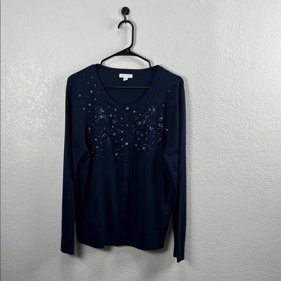 Charter Club Cardigan Navy Blue Sequin Floral Front Round Neck Buttons Size XXL - Picture 1 of 9